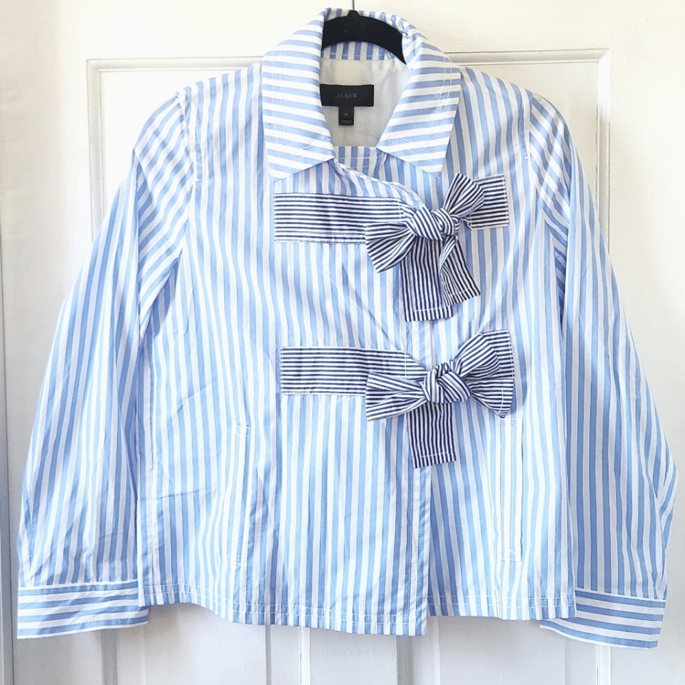 J. Crew Blue & White Striped Boxy Bow Tie Jacket